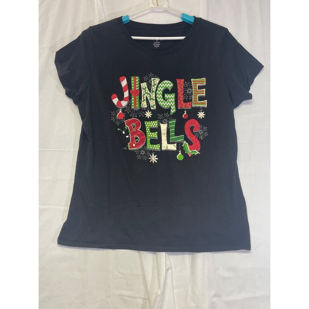 Holiday Time Womens Christmas T-Shirt 2X Black With "Jingle Bells" Design
